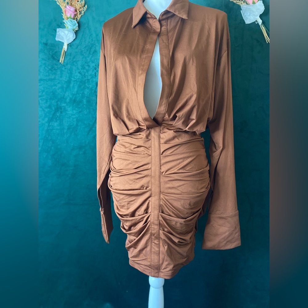 Fashion Nova Brown Long Sleeve Ruched Dress